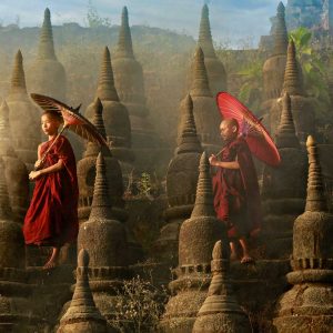[MYANMAR] Buddhist novice monk are walking in pagoda,myanmar