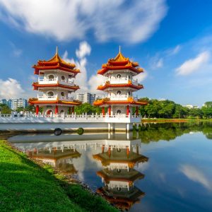 Beautiful day and cloud at Chinese Garden Twin Pagoda of Singapore