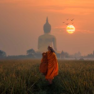 Asia Monk walking dhutanga behind Big Buddha at Wat Muang Angthong, Temple thailand in sunset.